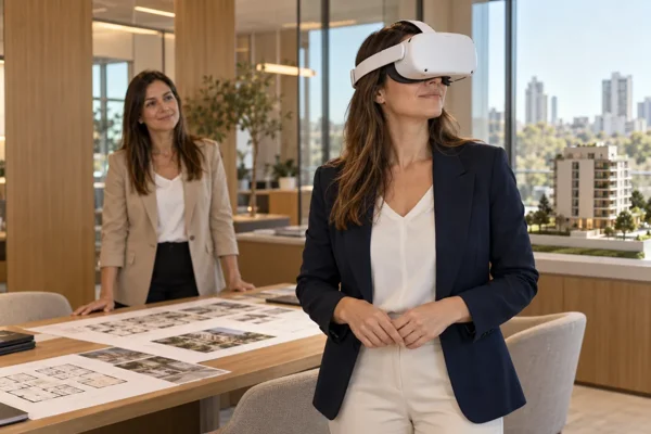 Escena conceptual de uso de un casco VR en un showroom.